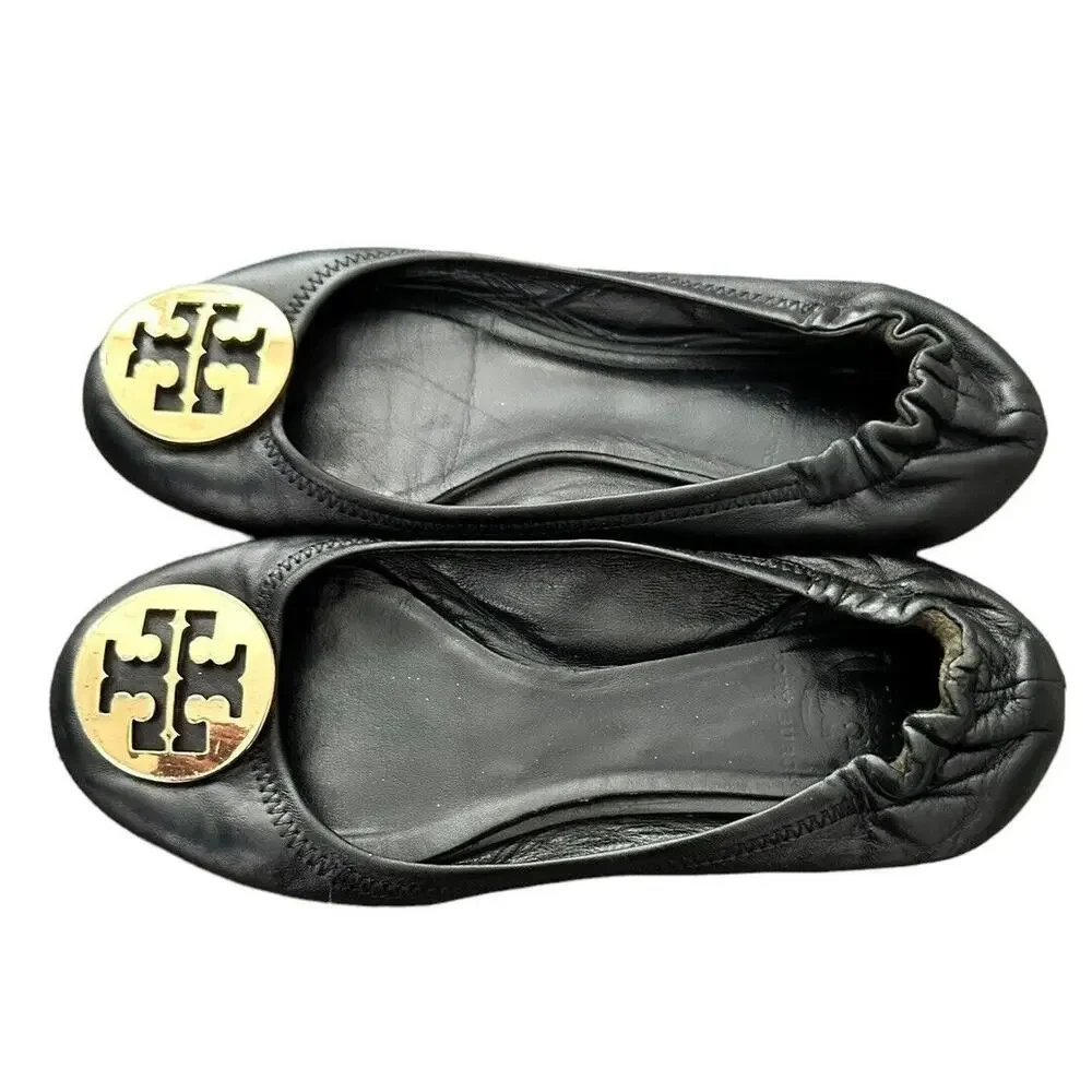 Tory Burch Reva Black Leather Gold Logo Medallion Ballet Flats Size 7 - Picture 7 of 12